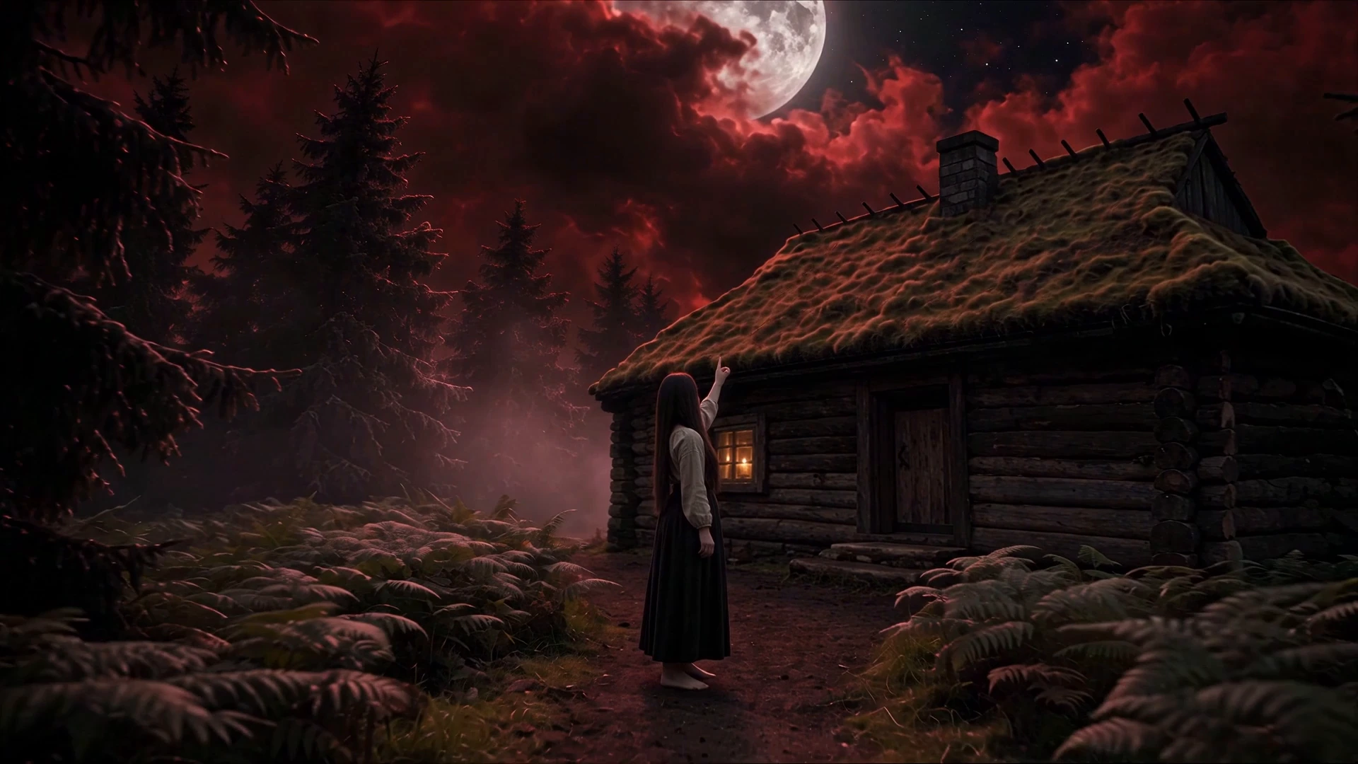 The woodland house beneath a crimson moon
